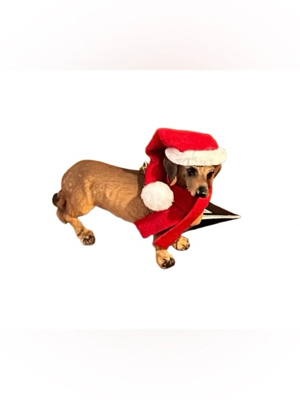🆕- Brown Dachshund Dog Christmas Ornament with Red Santa Hat and Scarf